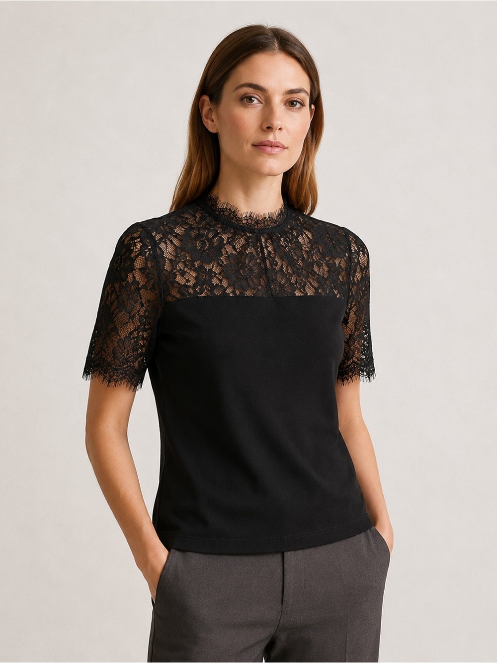 Black Eyelash Lace Mock Neck Blouse Romantic Dark Feminine Top XS